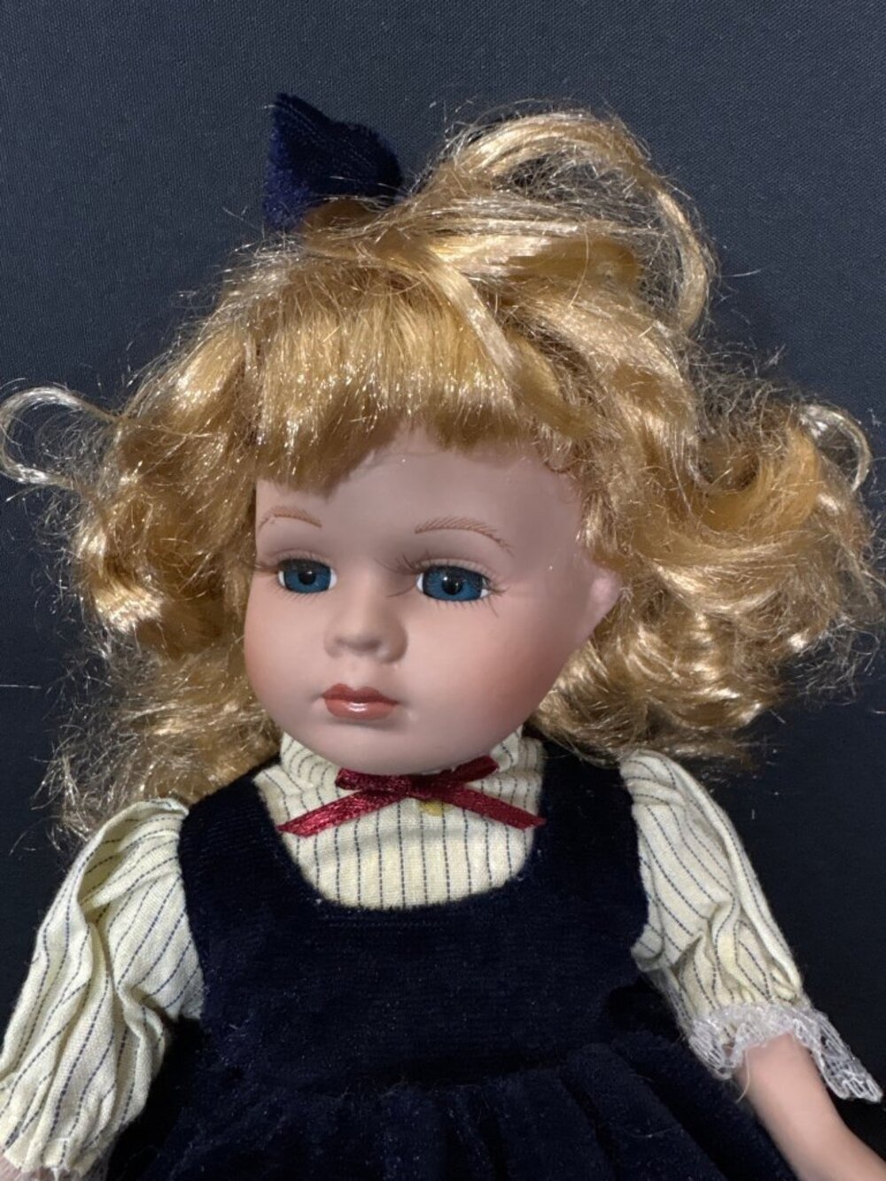 Duck House Porcelain Doll Vintage Blonde Curls Blue Velvet Lace Dress Blue Eyes - Picture 4 of 16